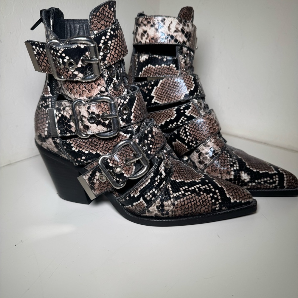 Jeffery Campbell Snakeskin Buckle Ankle Boots - Black and Brown